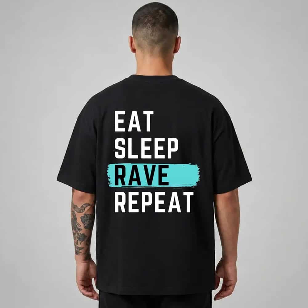Oversize Premium T-Shirt Eat Sleep Rave Repeat - Siyah